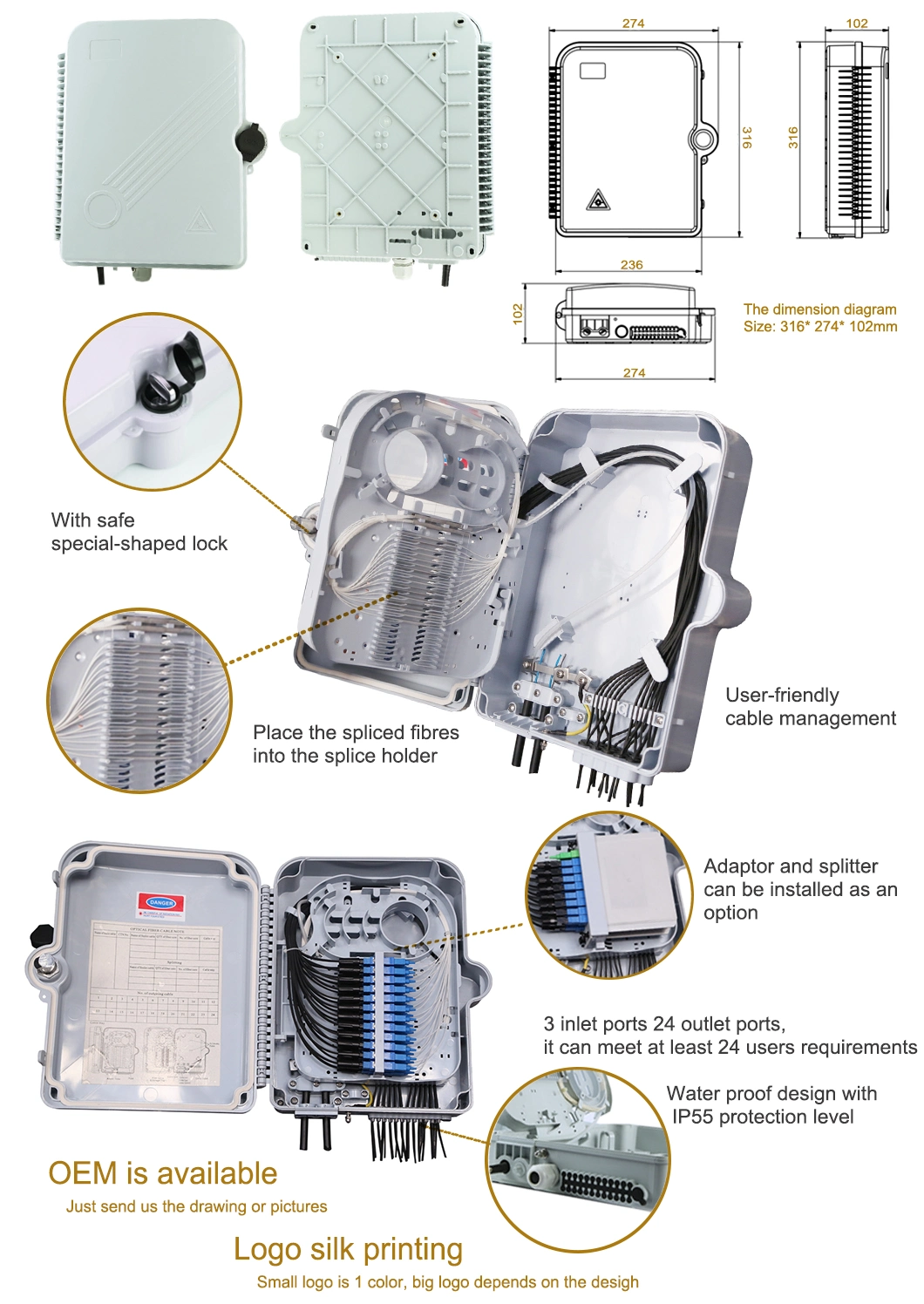 16 24 Cores FTTH Fiber Optic Termination Box Distribution Box